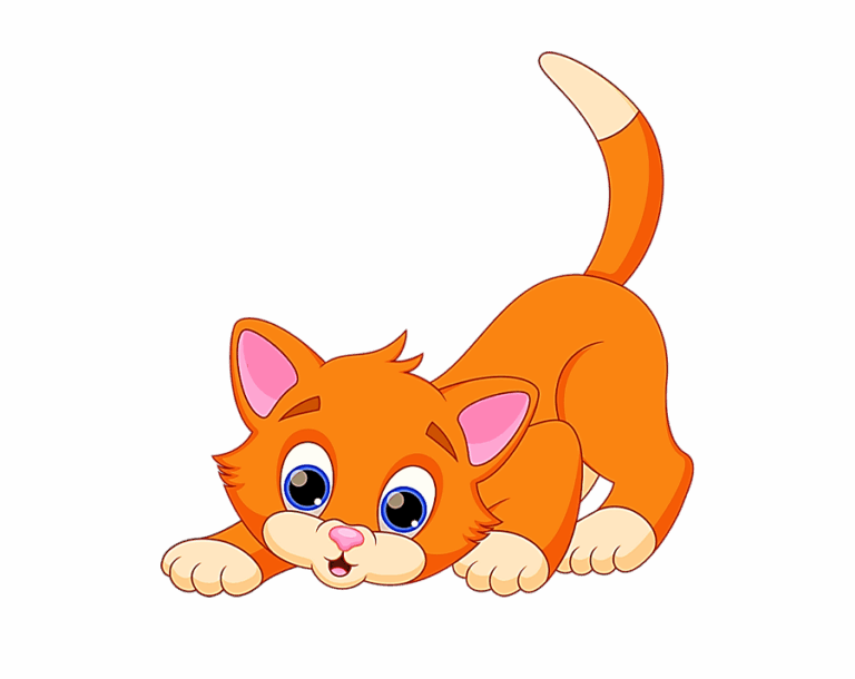 An adorable, cartoon-style orange tabby kitten illustration with large blue eyes, crouched in a playful or pouncing position with its tail raised.