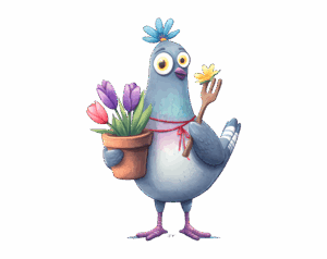An illustration of an adorable, blue-grey pigeon character with a blue flower on its head, holding a flower pot with tulips and a trowel.