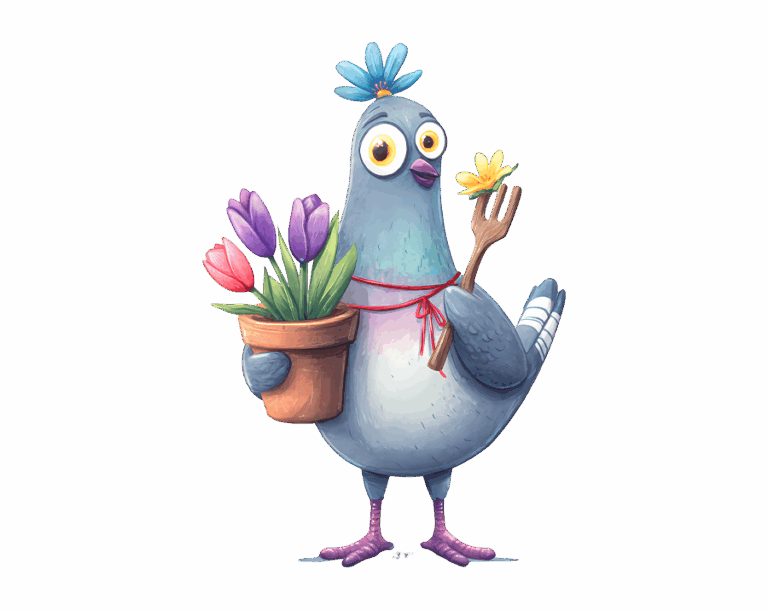 An illustration of an adorable, blue-grey pigeon character with a blue flower on its head, holding a flower pot with tulips and a trowel.