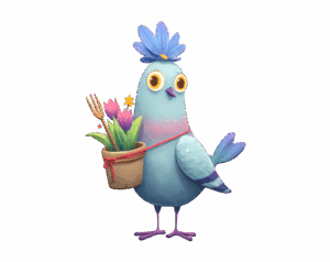 A stylized illustration of a blue-grey pigeon with a blue flower on its head and carrying a flower pot filled with tulips and a trowel over its shoulder, resembling a friendly gardener.