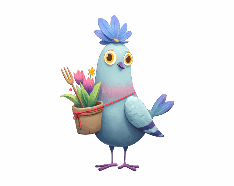 A stylized illustration of a blue-grey pigeon with a blue flower on its head and carrying a flower pot filled with tulips and a trowel over its shoulder, resembling a friendly gardener.