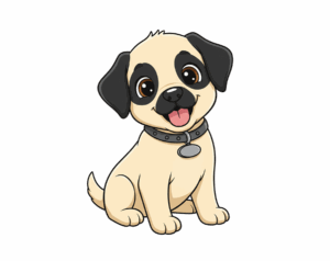 An adorable, sitting, cartoon-style fawn-colored Pug or Puggle puppy illustration with black ears and eye patches, wearing a grey collar.