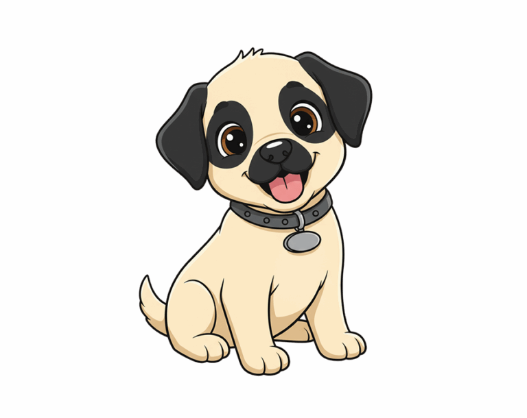An adorable, sitting, cartoon-style fawn-colored Pug or Puggle puppy illustration with black ears and eye patches, wearing a grey collar.