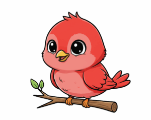 An adorable, cartoon-style red/pink bird illustration sitting on a branch, with large black eyes and a yellow beak.