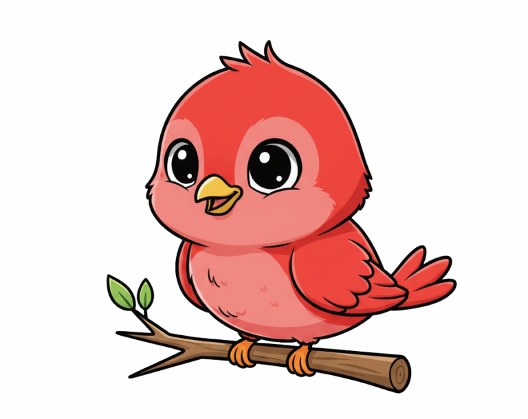 An adorable, cartoon-style red/pink bird illustration sitting on a branch, with large black eyes and a yellow beak.
