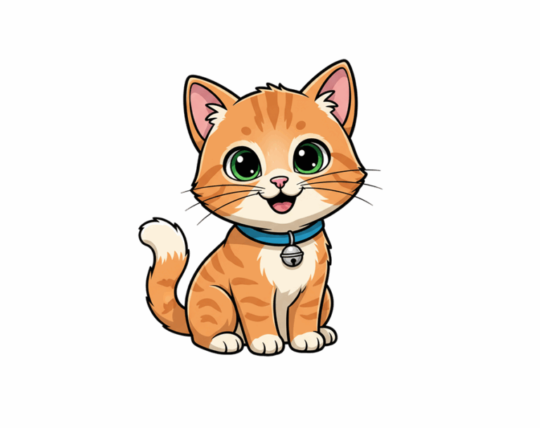 An adorable, sitting, cartoon-style orange tabby kitten illustration with large green eyes, wearing a blue collar with a bell.