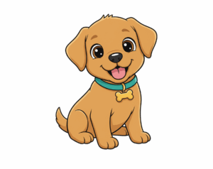 An adorable, sitting, cartoon-style Labrador or Golden Retriever puppy illustration with tan/brown fur, wearing a teal-blue collar with a bone-shaped tag.