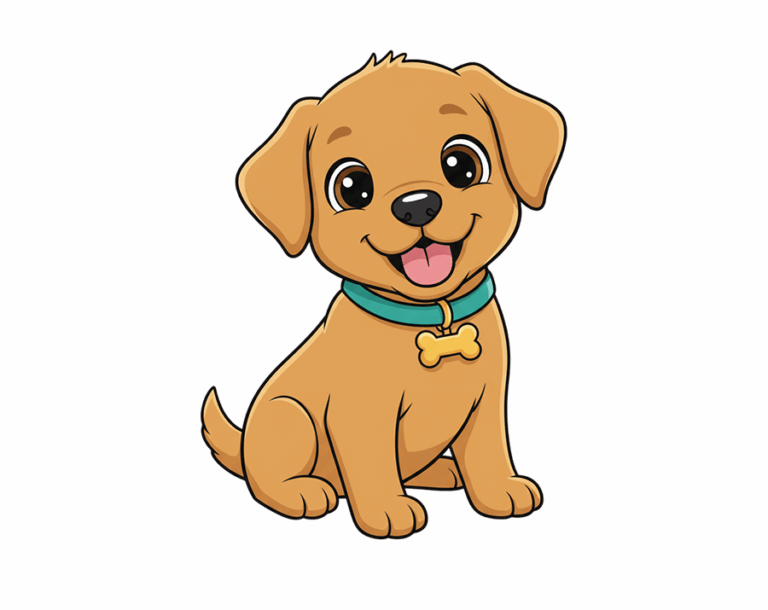 An adorable, sitting, cartoon-style Labrador or Golden Retriever puppy illustration with tan/brown fur, wearing a teal-blue collar with a bone-shaped tag.