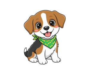 An adorable, sitting, tricolor (brown, white, black) Beagle or Foxhound puppy illustration, wearing a green bandana with a bone pattern.