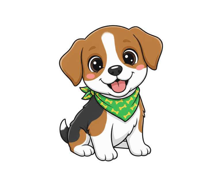 An adorable, sitting, tricolor (brown, white, black) Beagle or Foxhound puppy illustration, wearing a green bandana with a bone pattern.