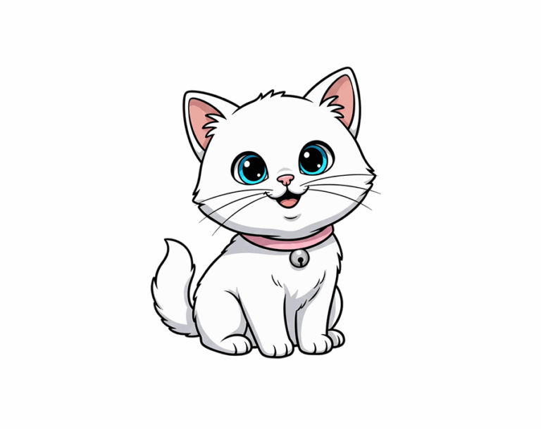 An adorable, sitting, cartoon-style white kitten illustration with bright blue eyes, wearing a pink collar with a bell.