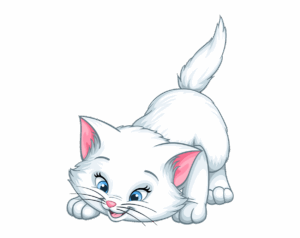 An adorable, white-furred kitten illustration with big blue eyes, crouched in a playful or pouncing pose with its tail raised.