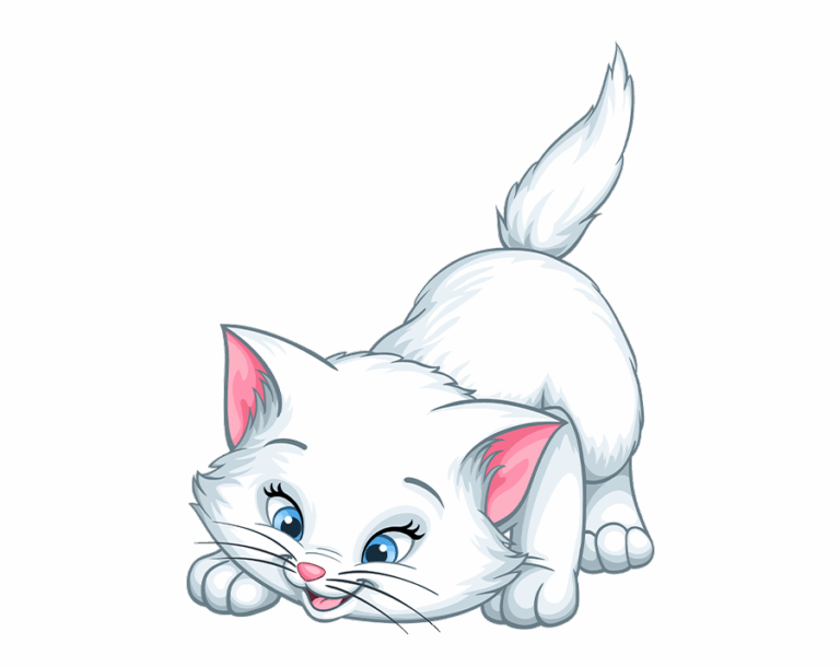 An adorable, white-furred kitten illustration with big blue eyes, crouched in a playful or pouncing pose with its tail raised.