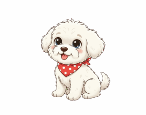 An illustration of a cute, white-furred Maltese or Bichon Frise puppy with large eyes, sitting and wearing a red, polka-dot bandana.