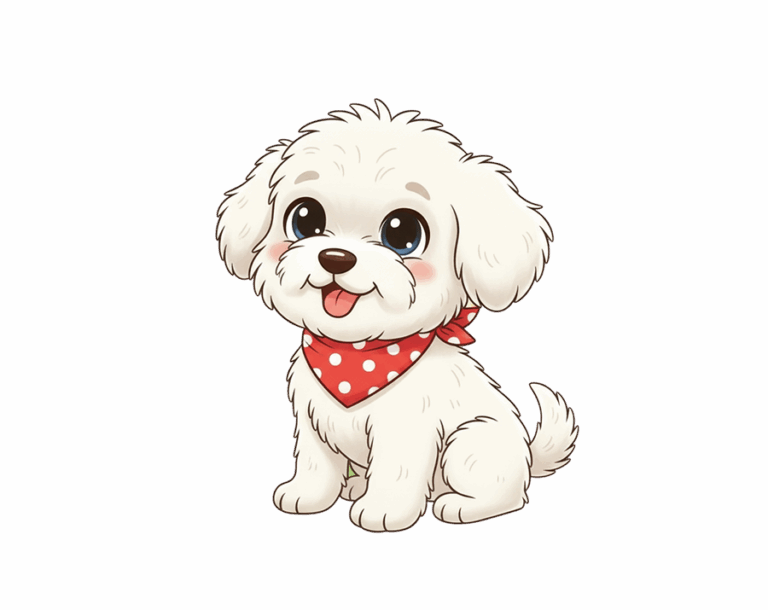 An illustration of a cute, white-furred Maltese or Bichon Frise puppy with large eyes, sitting and wearing a red, polka-dot bandana.