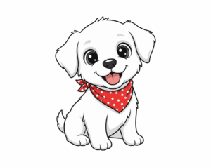 An adorable, sitting, cartoon-style white-furred Maltese or Bichon Frise puppy illustration, wearing a red, polka-dot bandana.