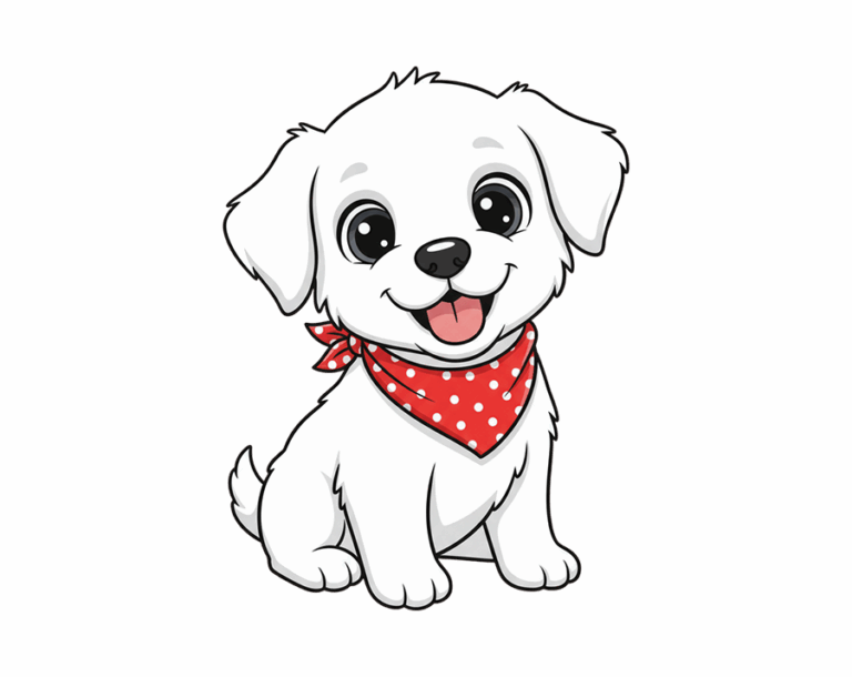An adorable, sitting, cartoon-style white-furred Maltese or Bichon Frise puppy illustration, wearing a red, polka-dot bandana.