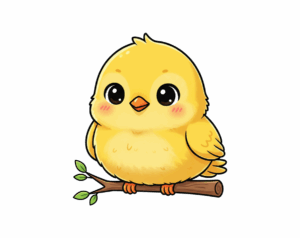 An adorable, cartoon-style yellow chick illustration sitting on a branch, with large black eyes and a small orange beak