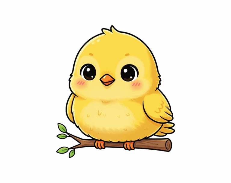 An adorable, cartoon-style yellow chick illustration sitting on a branch, with large black eyes and a small orange beak