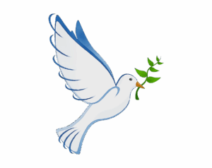 A stylized illustration of a white dove in flight with slightly spread wings, carrying a green olive branch in its beak.