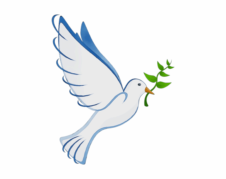A stylized illustration of a white dove in flight with slightly spread wings, carrying a green olive branch in its beak.