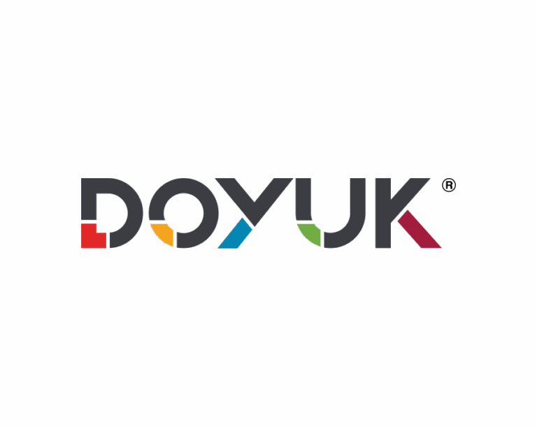 The corporate logo for "DOYUK", featuring bold, stylized black uppercase letters with red, orange, blue, and green geometric shapes integrated within the letters.