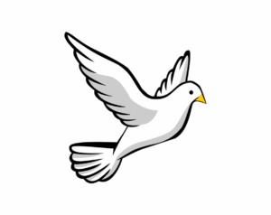 An illustration of a cartoon-style white dove in flight with outstretched wings and a yellow beak.
