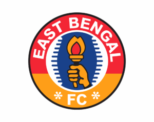 The East Bengal FC logo, a circular emblem in red and yellow featuring a hand holding a flaming torch on a navy blue background, with EAST BENGAL written above and FC below.