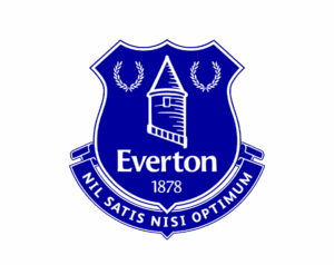 The Everton FC logo, featuring a white outline of Prince Rupert's Tower on a dark blue shield, with the club's name, founding year 1878, and the motto "Nil Satis Nisi Optimum" (Only the best is good enough).