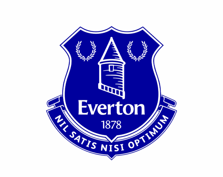 The Everton FC logo, featuring a white outline of Prince Rupert's Tower on a dark blue shield, with the club's name, founding year 1878, and the motto "Nil Satis Nisi Optimum" (Only the best is good enough).