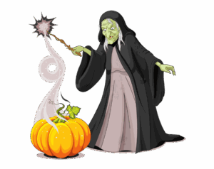 Elderly witch with a long pointed nose and green skin casting a spell with a wand over a pumpkin emitting magical smoke.