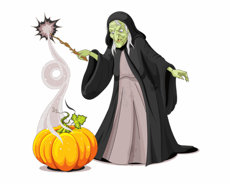 Elderly witch with a long pointed nose and green skin casting a spell with a wand over a pumpkin emitting magical smoke.