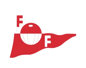 Fredrikstad FK (FFK) Football Club Logo, Minimalist Design in the Shape of a Red Pennant on a White Background, Featuring a Ball Motif in the Center and Two White "F" Letters.