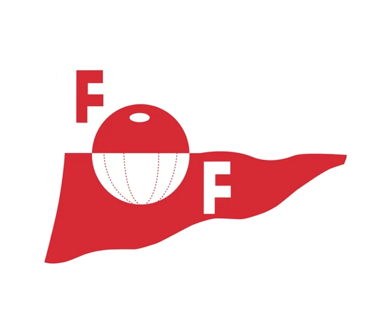 Fredrikstad FK (FFK) Football Club Logo, Minimalist Design in the Shape of a Red Pennant on a White Background, Featuring a Ball Motif in the Center and Two White "F" Letters.