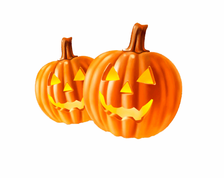 Two Jack-o'-lanterns (carved pumpkin lanterns) with spooky, grinning faces, glowing with bright orange light from within, on a transparent background.