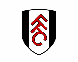 The Fulham FC logo, a traditional shield featuring vertical black-white-black stripes with the stylized red interlocking letters "FFC" (Fulham Football Club) at the center.
