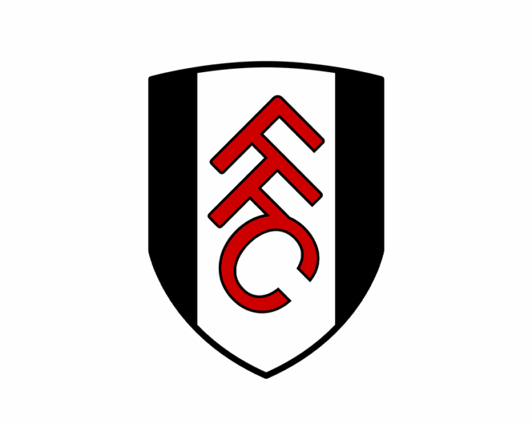 The Fulham FC logo, a traditional shield featuring vertical black-white-black stripes with the stylized red interlocking letters "FFC" (Fulham Football Club) at the center.