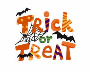 "Trick or Treat" spelled out in patterned, block letters using orange, yellow, and purple colors. The graphic features a spider web and bats. Transparent background Halloween clip art.