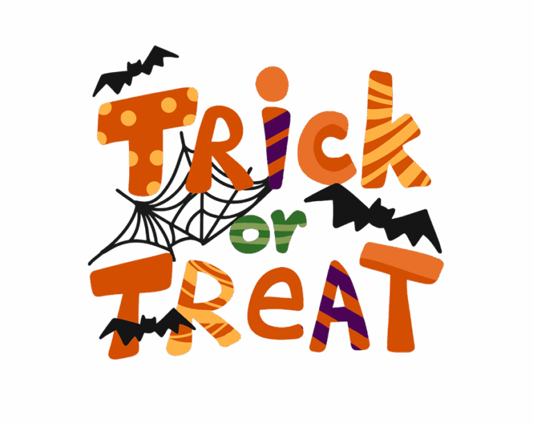 "Trick or Treat" spelled out in patterned, block letters using orange, yellow, and purple colors. The graphic features a spider web and bats. Transparent background Halloween clip art.