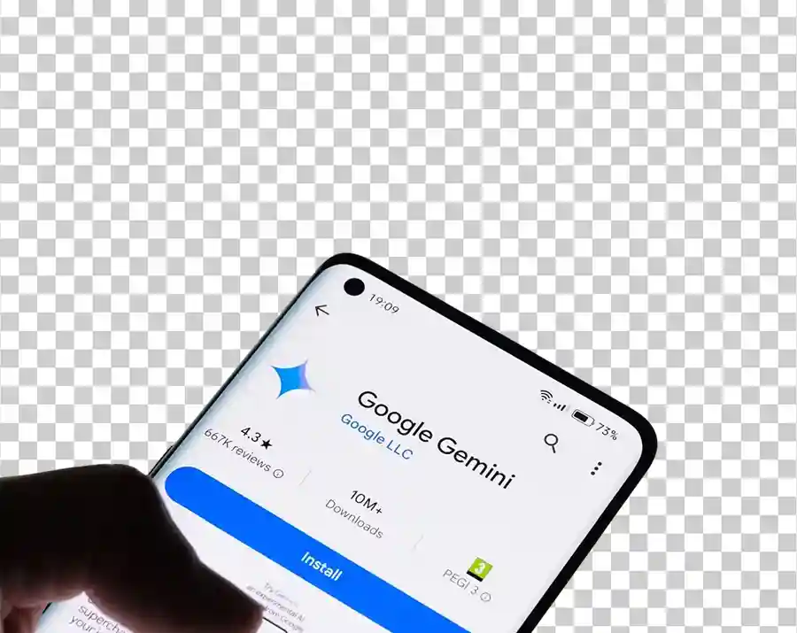A close-up view of a smartphone screen held by a person's hand, showing the Google Play Store listing for the Google Gemini app, featuring the blue star icon, a 4.3-star rating, and 10M+ downloads.