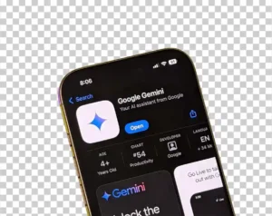 A smartphone screen displaying the app store page for the Google Gemini app, showing the app name, the description "Your AI assistant from Google," and a blue star icon.