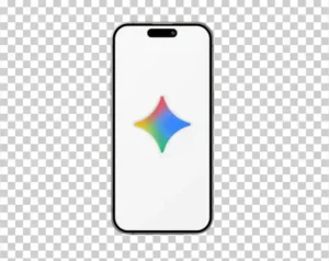 A modern smartphone screen with a black frame displaying the Google Gemini icon: a four-pointed star with a gradient of blue, green, yellow, and red colors.