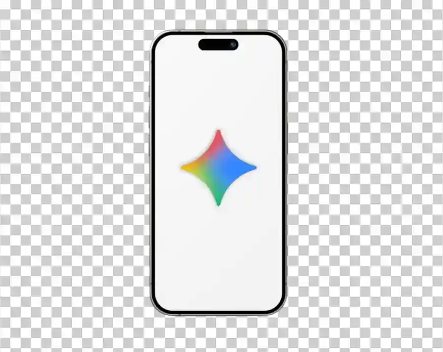 A modern smartphone screen with a black frame displaying the Google Gemini icon: a four-pointed star with a gradient of blue, green, yellow, and red colors.