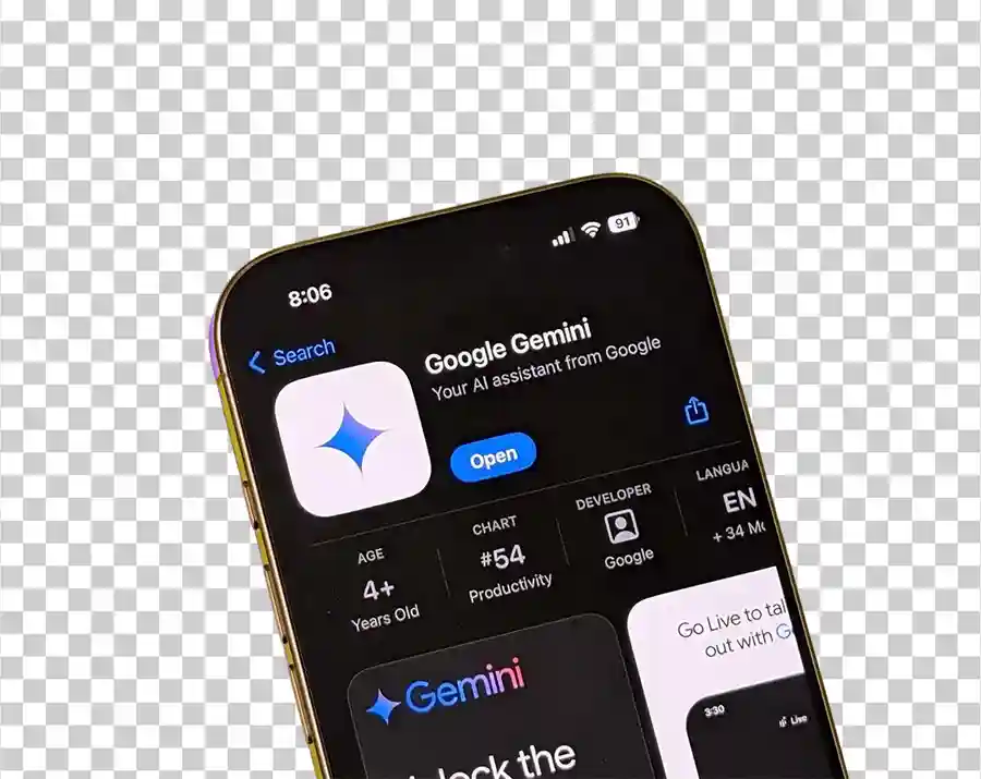 A smartphone screen displaying the app store page for the Google Gemini app, showing the app name, the description "Your AI assistant from Google," and a blue star icon.