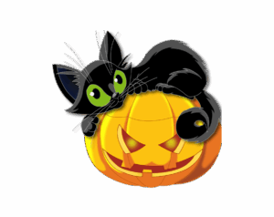 A green-eyed black cat (witch's cat) lying on a glowing orange Jack-o'-lantern (carved pumpkin lantern) with a spooky, carved face, set against a transparent background.