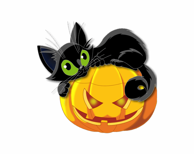 A green-eyed black cat (witch's cat) lying on a glowing orange Jack-o'-lantern (carved pumpkin lantern) with a spooky, carved face, set against a transparent background.