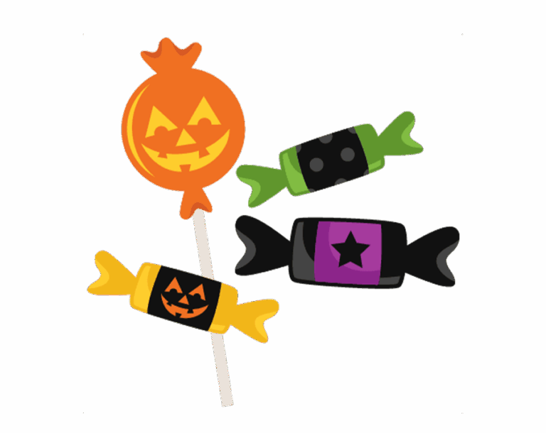 Cartoon-style Halloween candies: a jack-o'-lantern lollipop, purple star, and green studded wrapped treats. Transparent PNG.