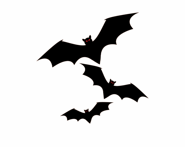 Three black bat silhouettes with open wings and glowing red eyes, appearing to be flying, with faint orange decorative squares in the background, set against a transparent background.