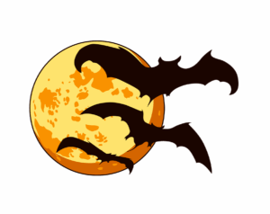 Three bat silhouettes flying in front of a full moon (Halloween themed transparent PNG).