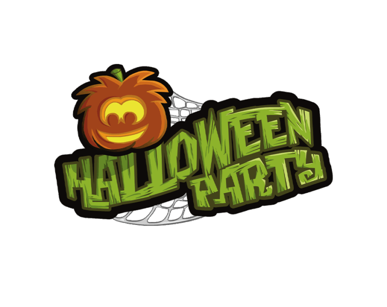 A graphic featuring the text "HALLOWEEN PARTY" in a bold, stylized, cracked green font, accompanied by an orange Jack-o'-lantern (carved pumpkin) with a spooky grin, set against a transparent background.